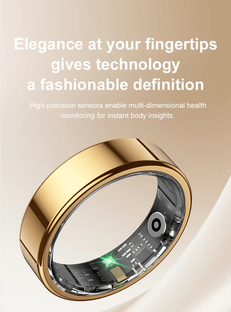 Gold smart health ring with transparent sensor window close-up