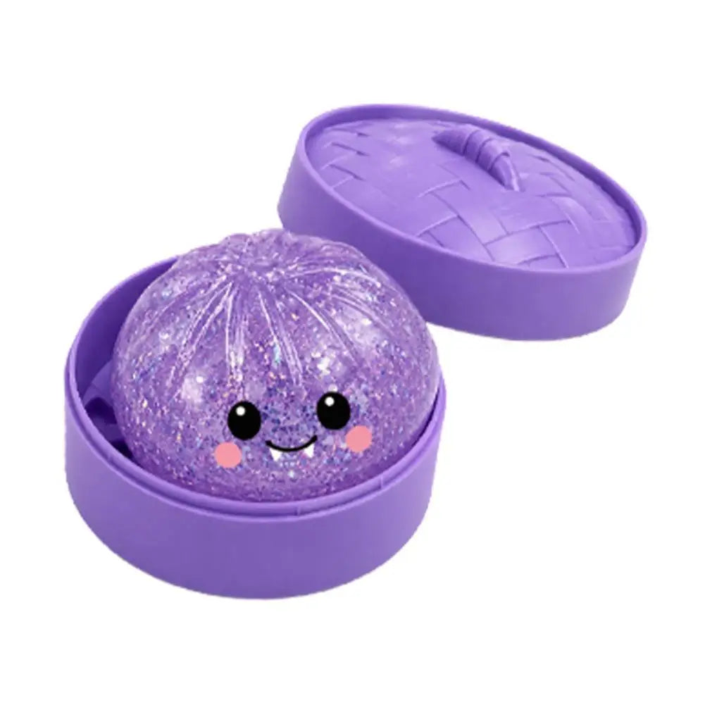 Purple glitter squishy bun stress ball in lavender round case, cute smiling face
