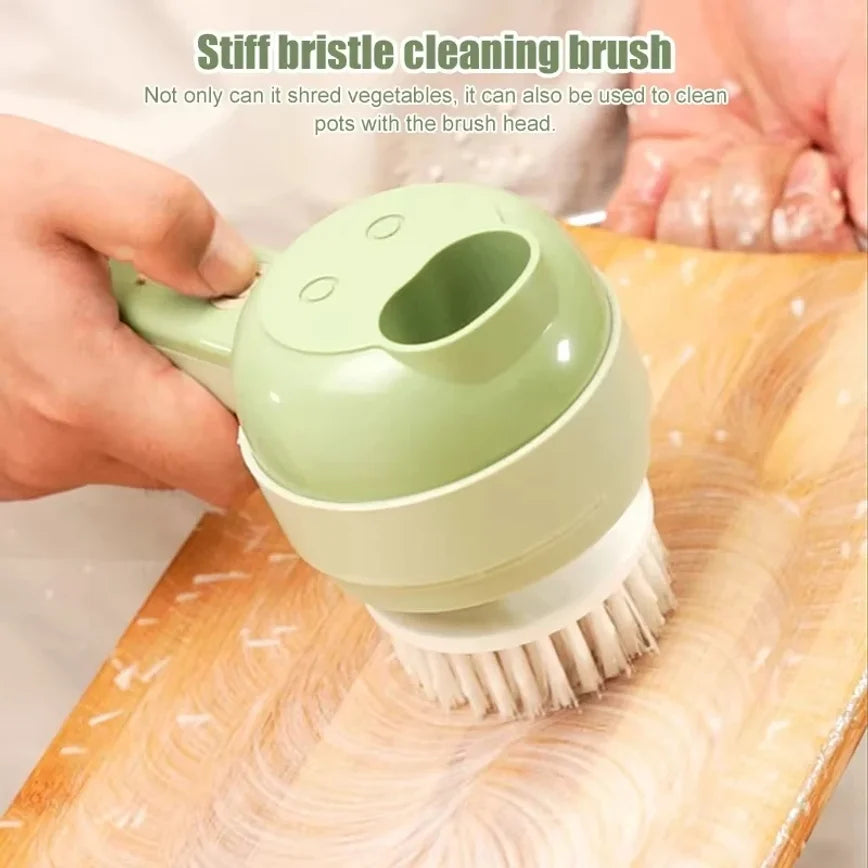 Green vegetable cutter base being cleaned with a stiff bristle brush head