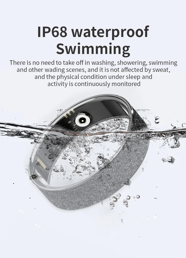 IP68 waterproof health tracker ring with water splash, black sensor window
