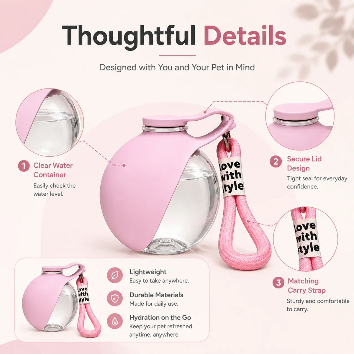 Pink portable pet water bottle with clear cup, secure lid, and matching carrying strap