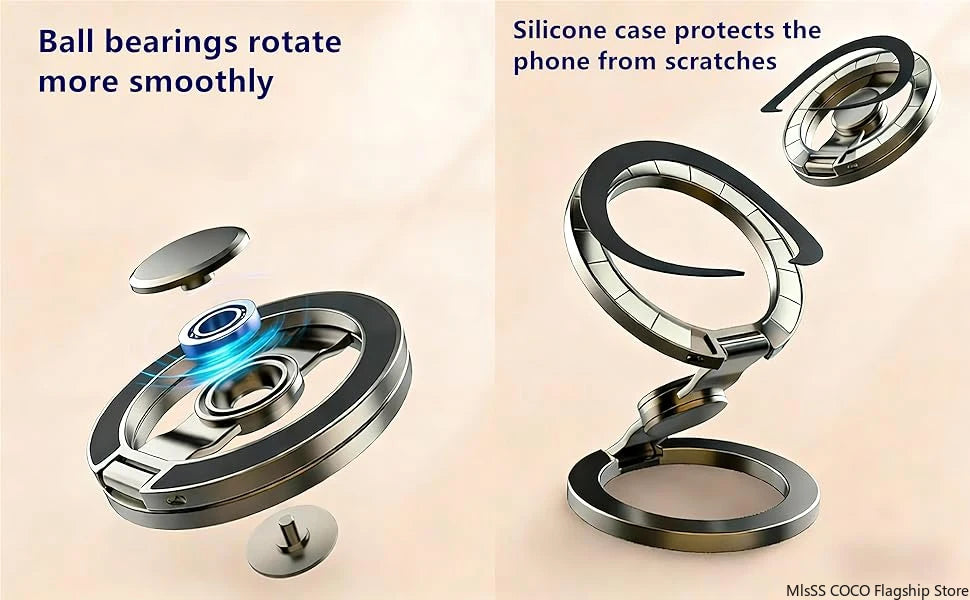 Rotating gyroscope phone holder stand with ring base and ball-bearing core components