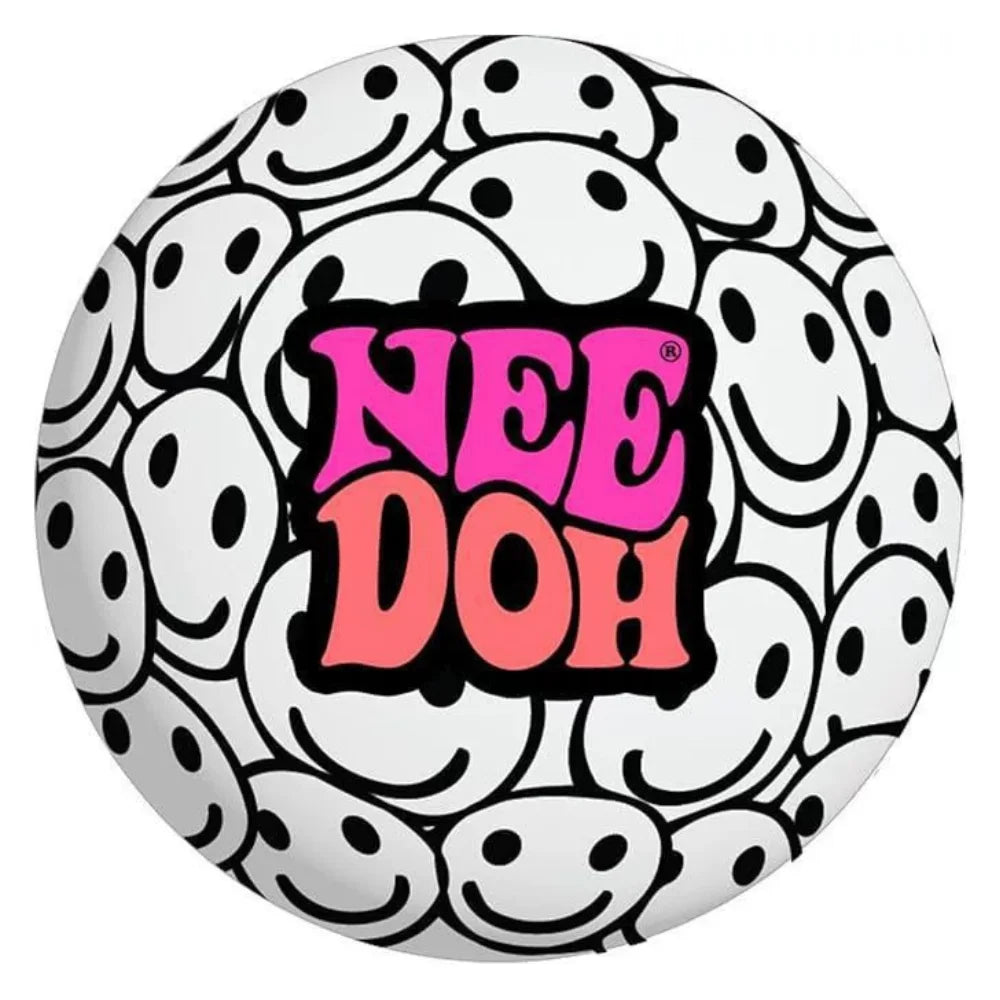 Black-and-white patterned press-and-squeeze stress ball with Nee Doh logo center