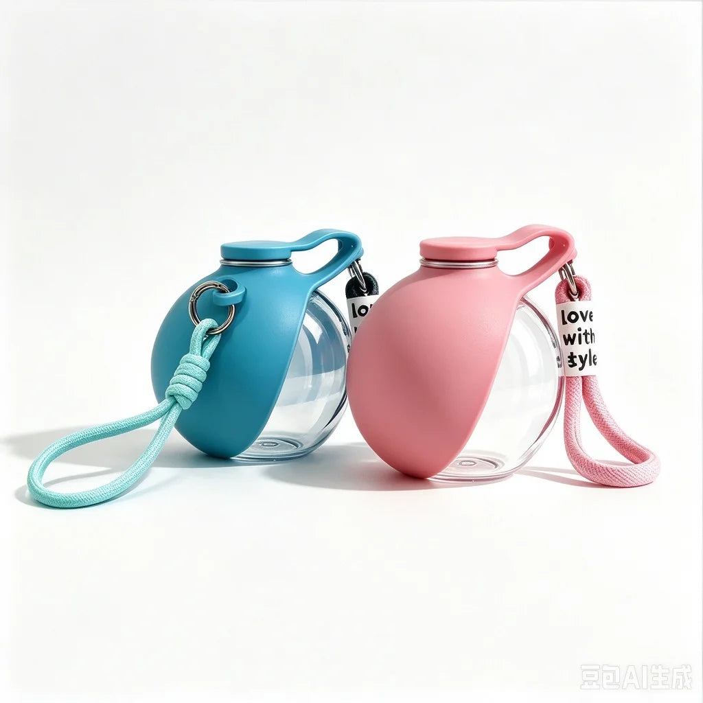 Portable pet water bottles with foldable bowls, teal and pink bottles with straps