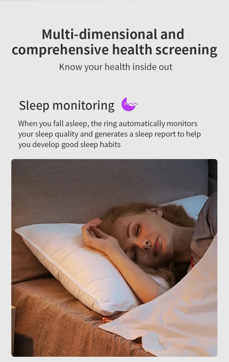 Smart health tracker ring sleep monitoring card with sleep icon and night scene
