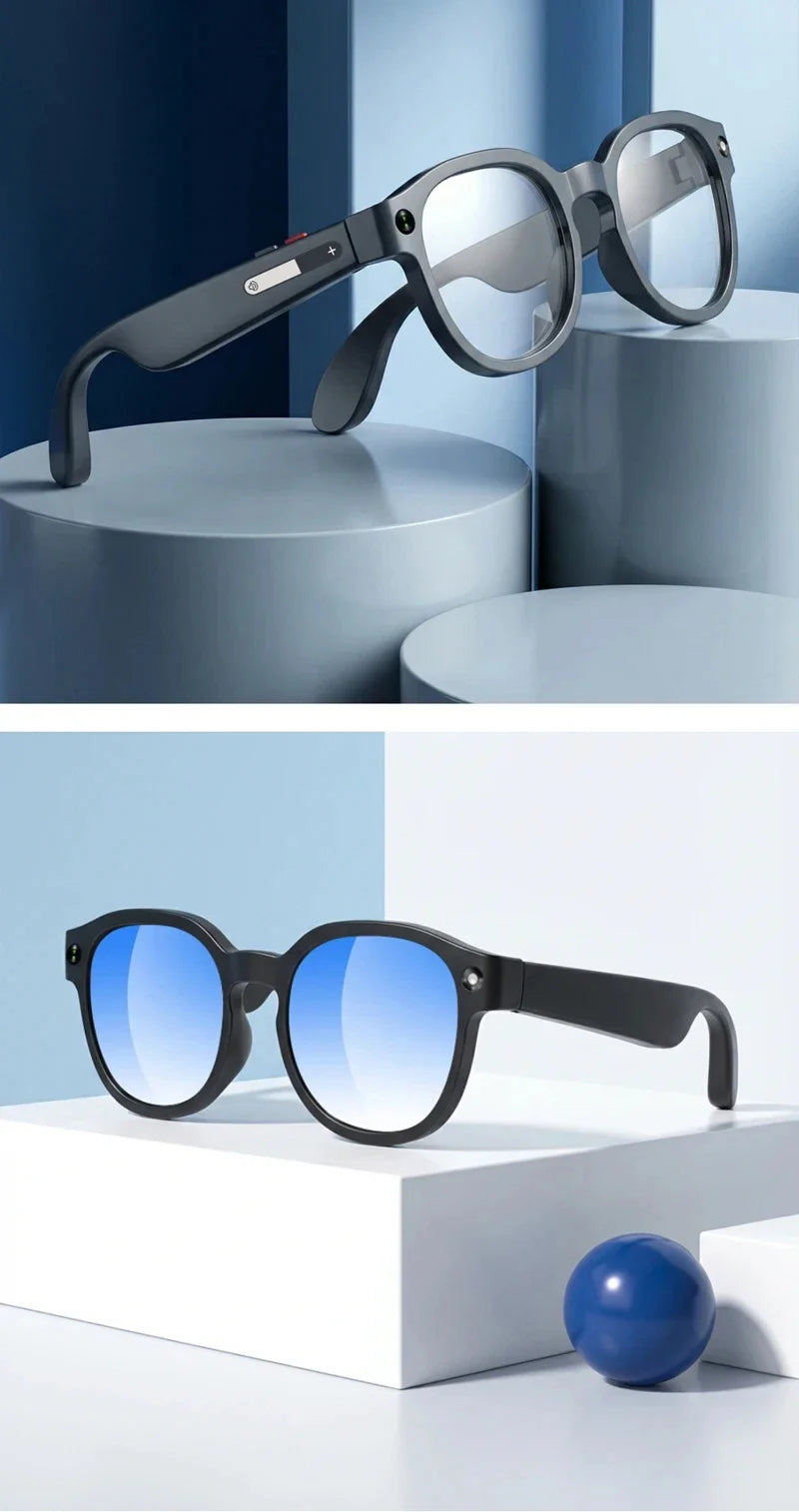 Black smart sunglasses with blue-tinted round lenses and side camera module