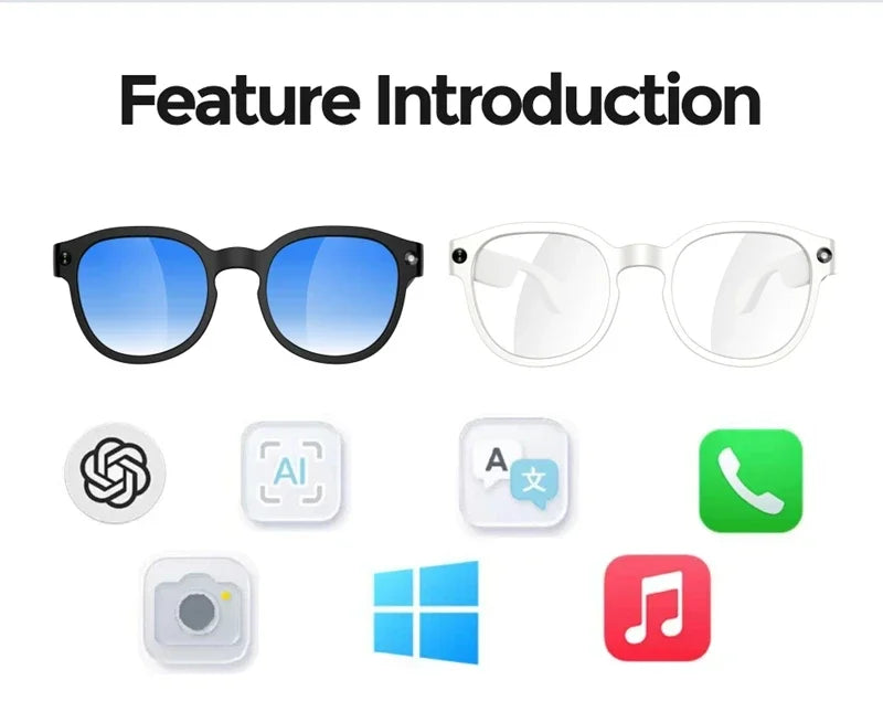 Pair of smart sunglasses in black and white with blue and clear lenses, feature layout