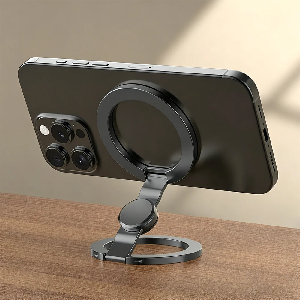 Silver magnetic phone ring holder with large ring frame and pivoting stand base