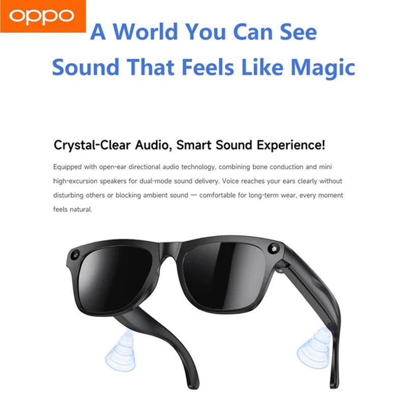 Black open-ear smart glasses with dark lenses and visible speaker cutouts