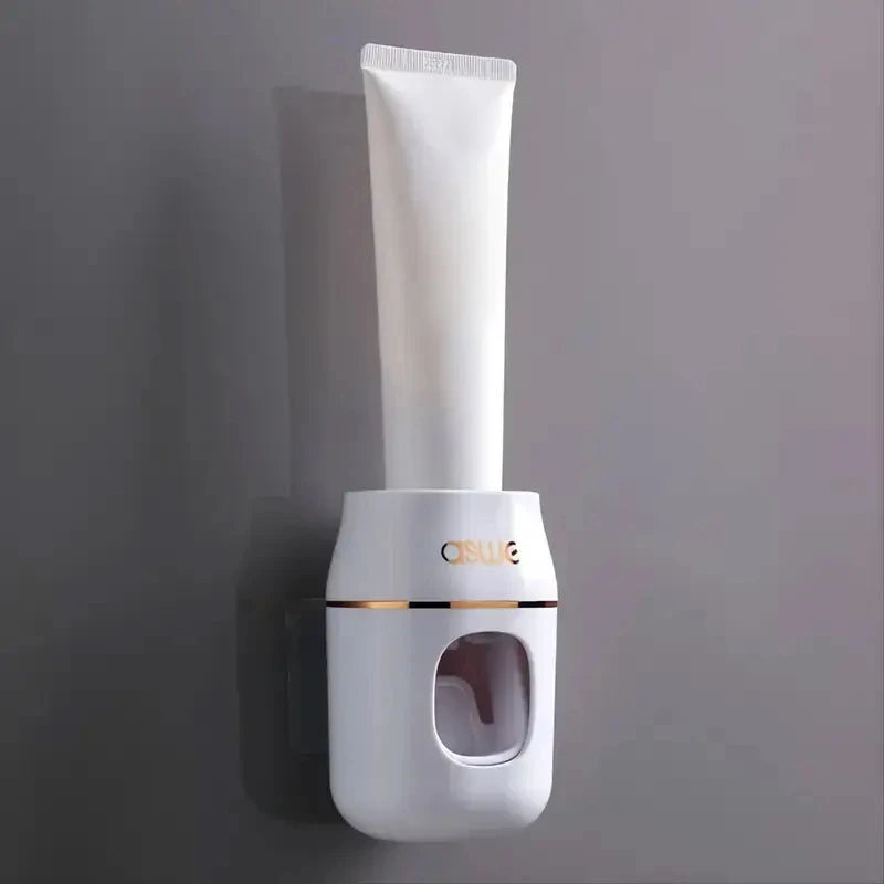 White automatic toothpaste dispenser wall holder with tube window and upright dispenser cap