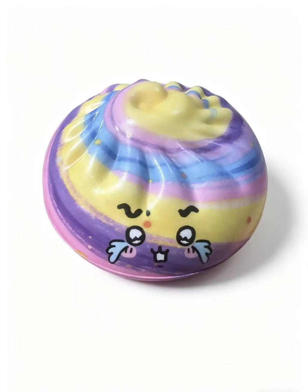 Rainbow-striped dumpling-shaped squishy stress-relief toy with cute face