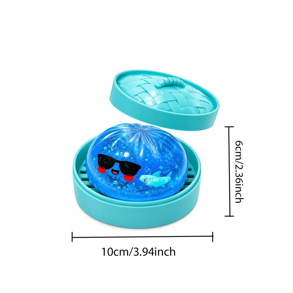 Blue glitter steamed-bun stress ball with face, shown in teal case; size indicated