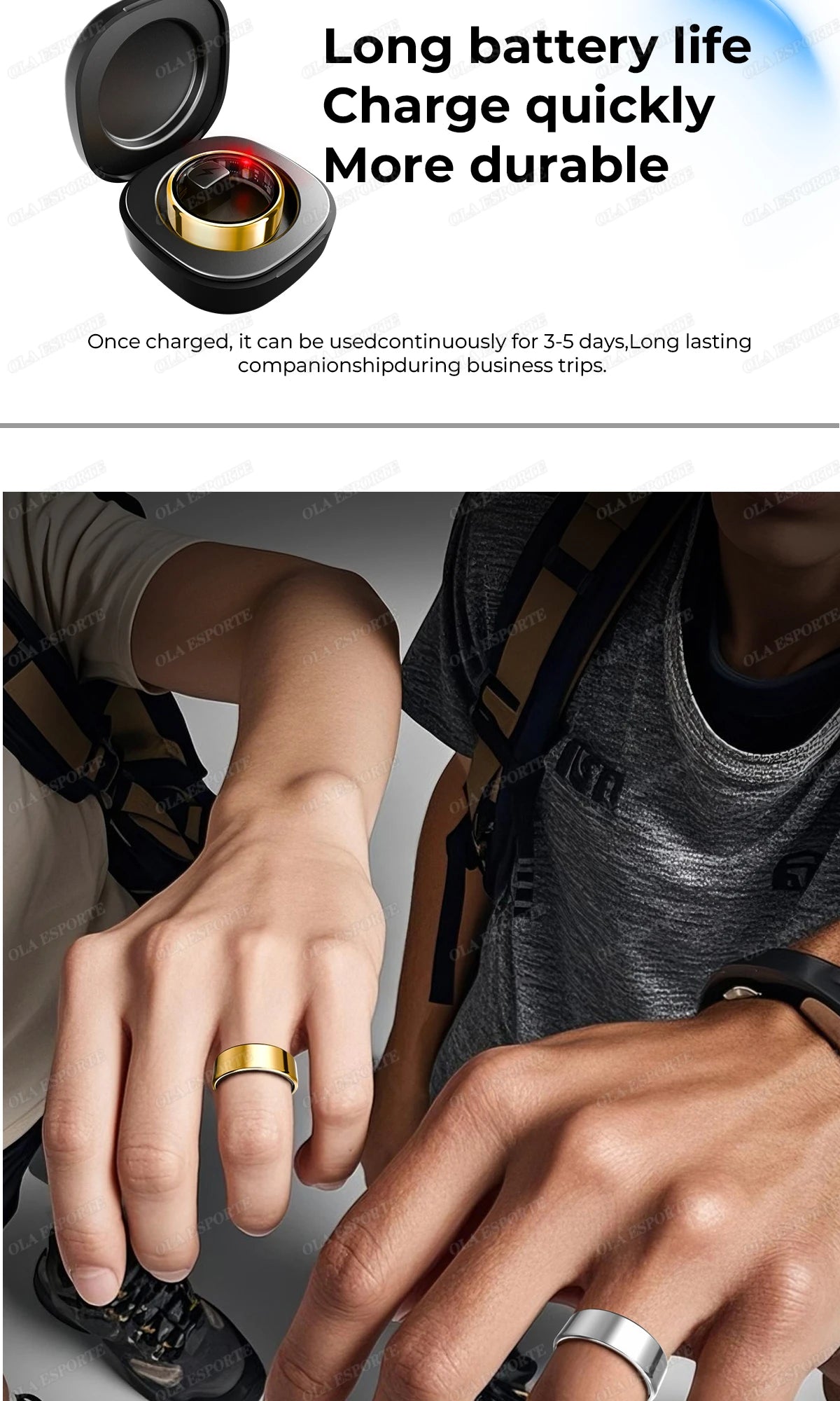 Smart health ring seated in open wireless charging case, gold band with dark core