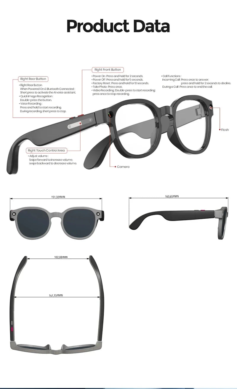 Black smart sunglasses with blue lenses and side camera module, product layout with measurements