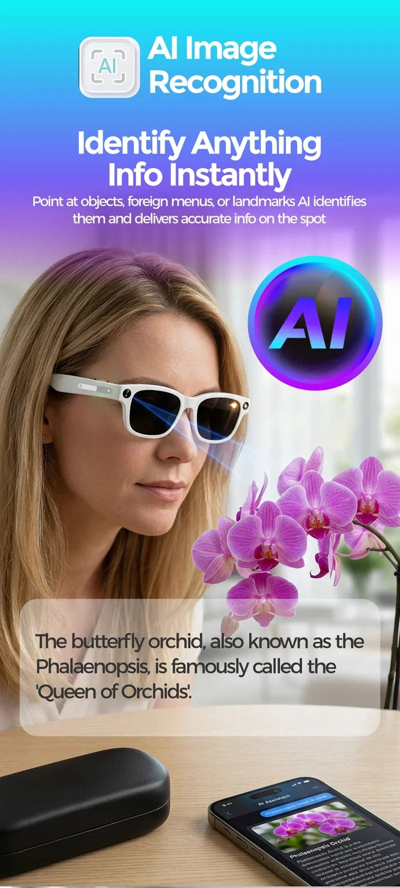 White smart sunglasses with camera module and tinted lenses on a woman