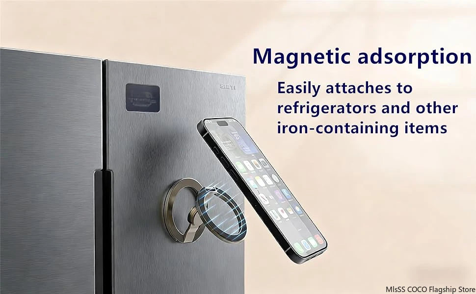 Magnetic rotating phone holder stand with circular metal ring attachment