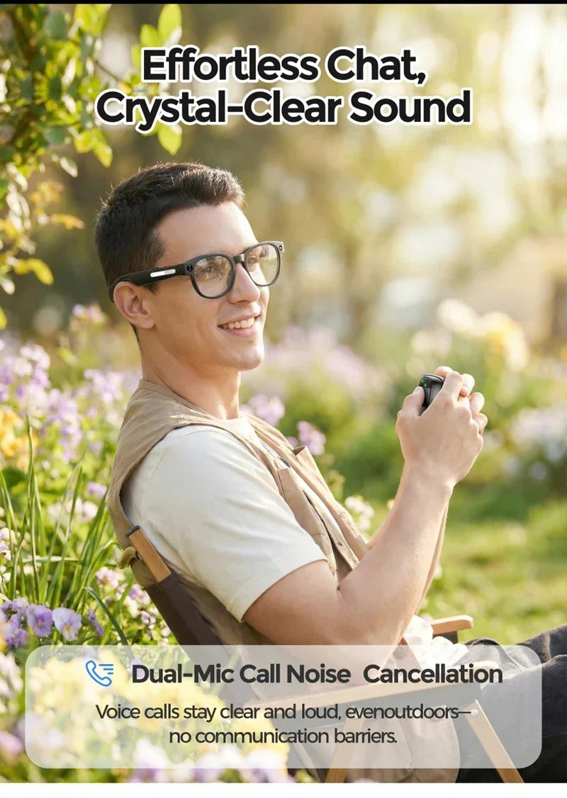 White smart sunglasses with built-in HD camera and dual-mic call noise cancellation