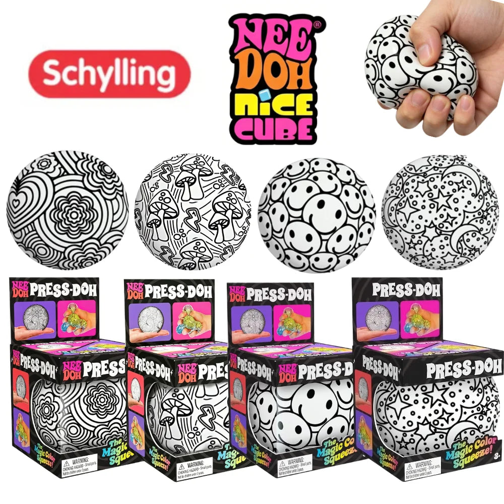 Hand holding black-and-white patterned press-and-squeeze stress ball with set below