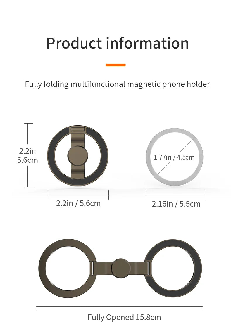 Foldable dual-ring magnetic phone holder with fingertip gyroscope, open view