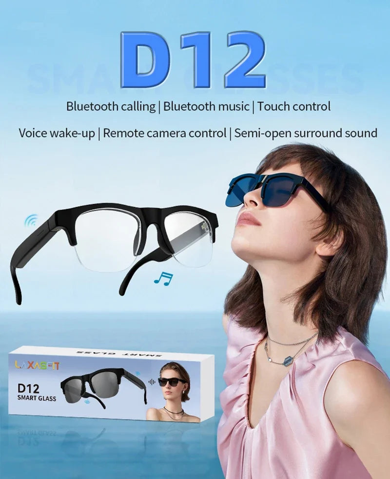 Black smart audio glasses with dark lenses worn, sleek sports frame