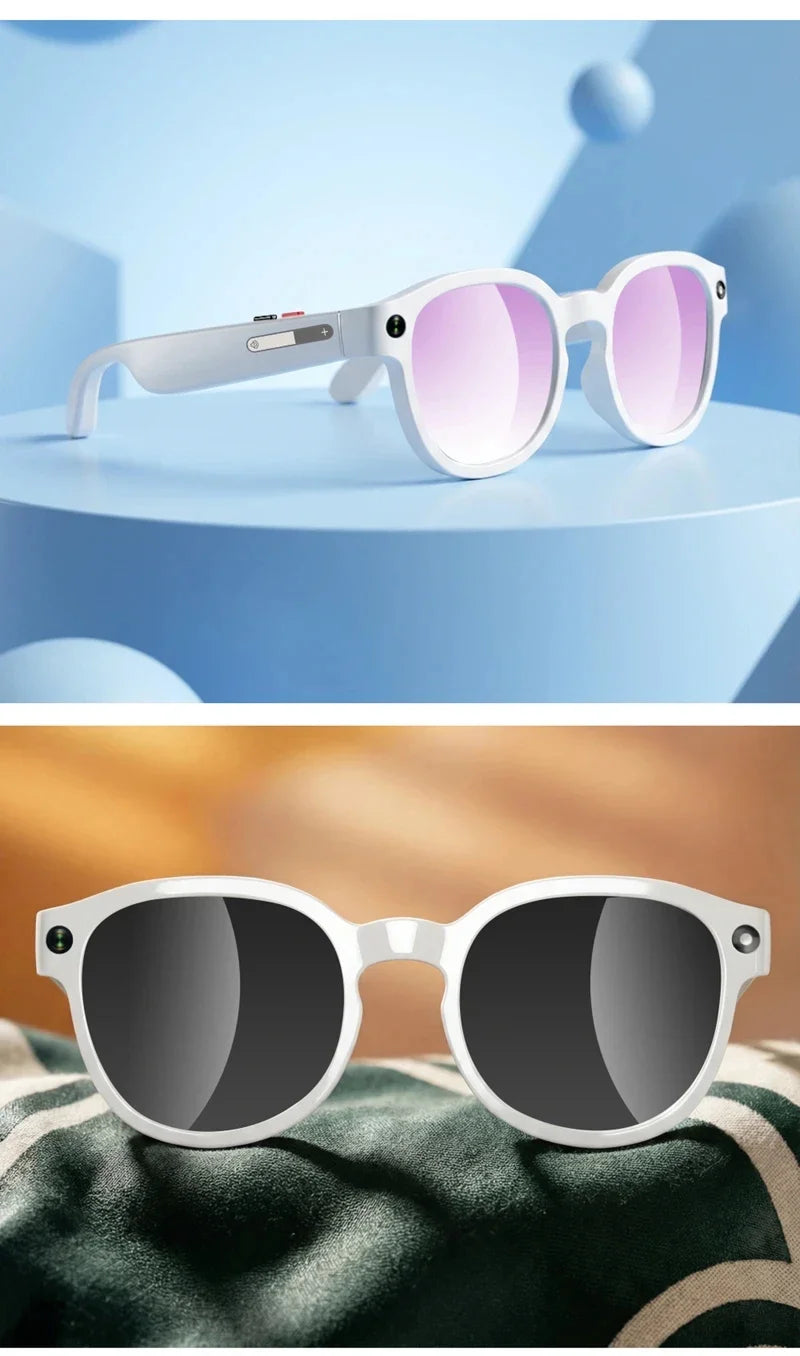 White smart sunglasses with purple-tinted lenses and side camera module