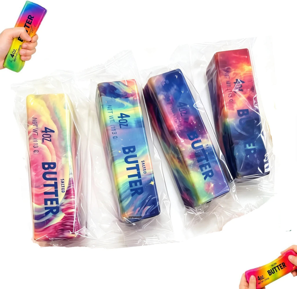 Rainbow butter-stick squishy toys in bags, with one toy held in hand