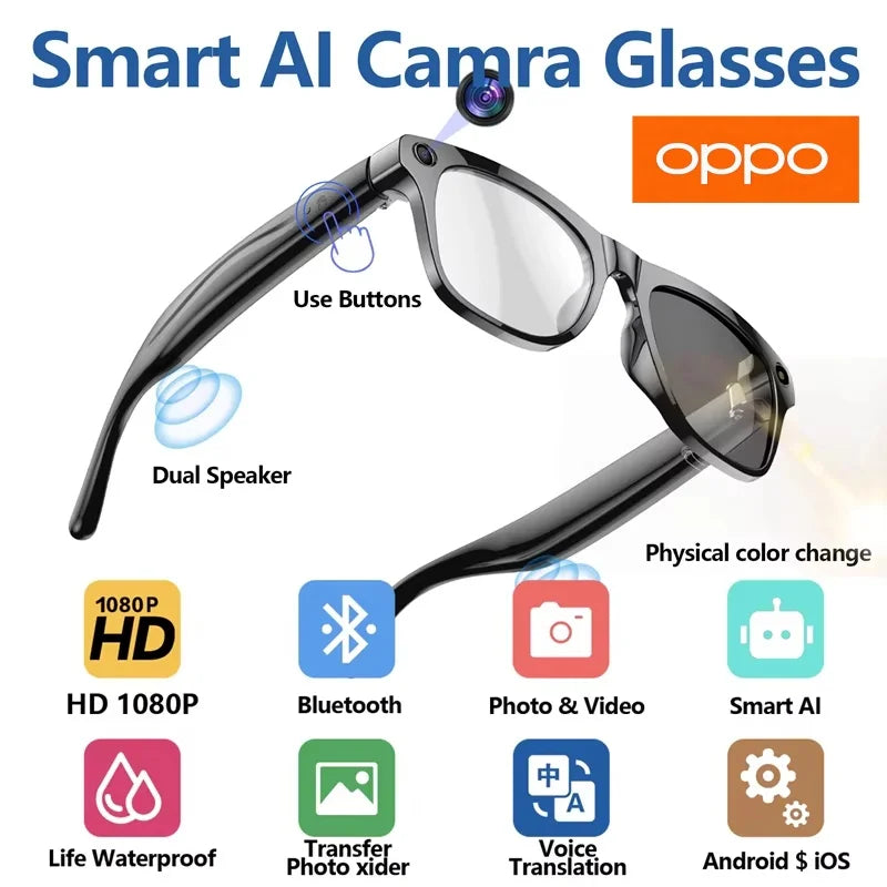 Smart AI camera glasses with built-in camera module and dark lenses