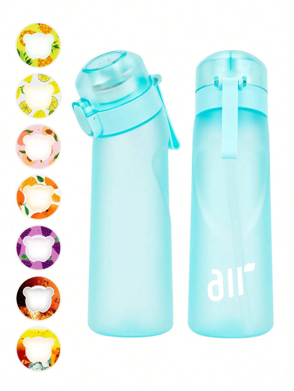 Blue transparent air water bottle with built-in straw and flip-top lid, two views.