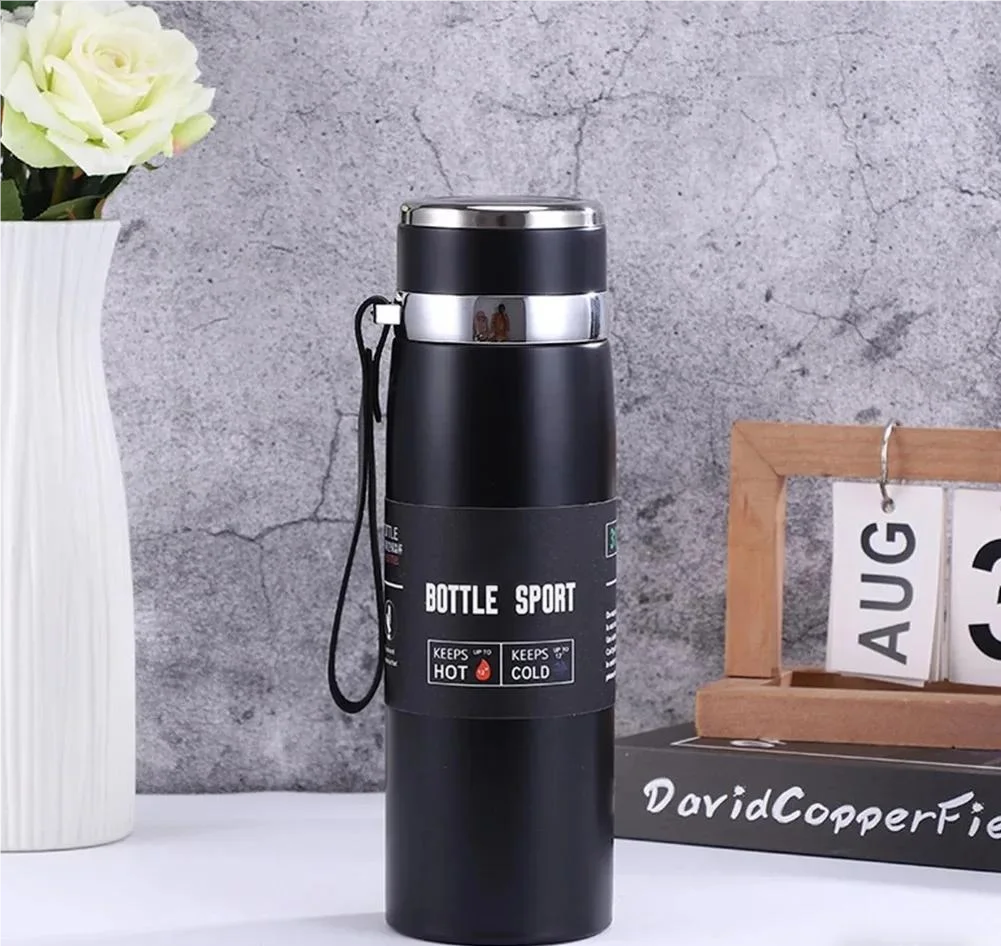 Stainless thermal vacuum water bottle, matte black body, silver cap and wrist loop