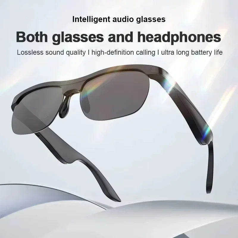 Black sports-style audio glasses with dark lenses and curved temple arms
