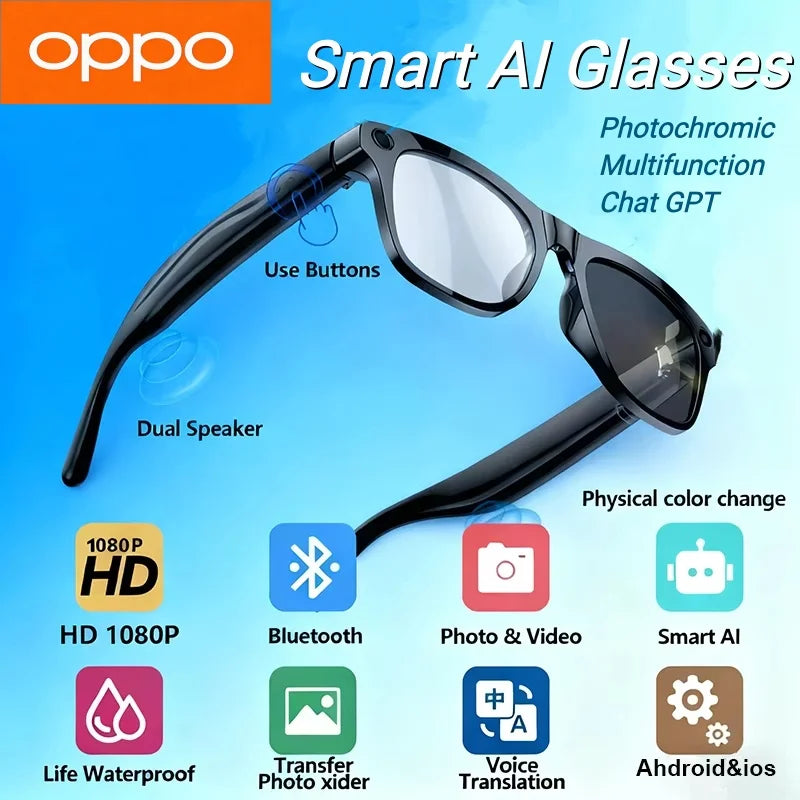 Black wraparound smart glasses with dark lenses and curved temples