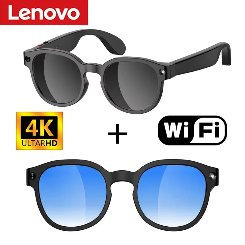 Smart AI glasses with black frames and blue mirrored lenses