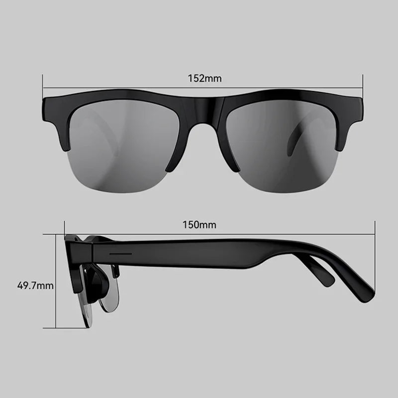 Black smart AI sunglasses dimensions view, showing frame and lens size.