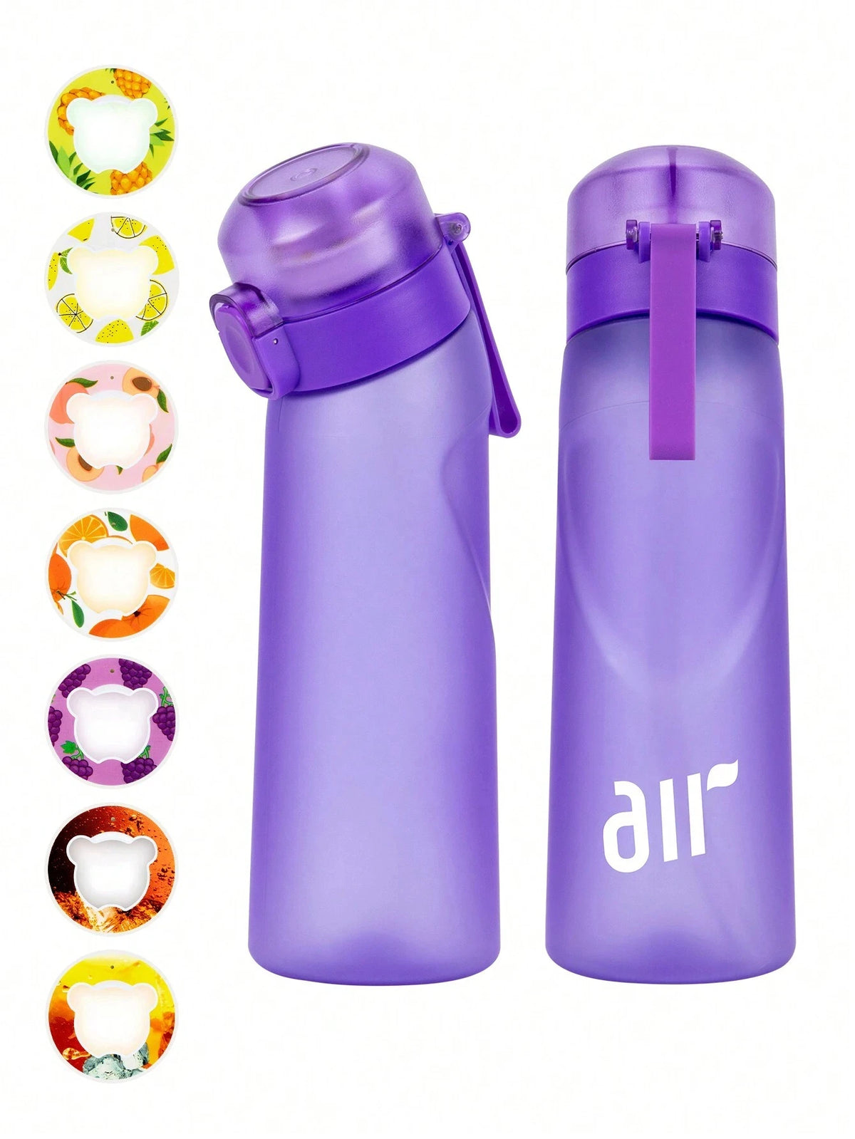 Purple portable air water bottle with flip top lid and carry handle