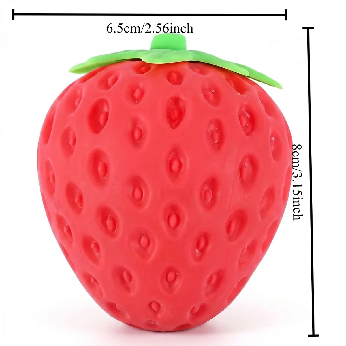 Red strawberry-shaped squishy stress ball with green leaf detail and raised texture