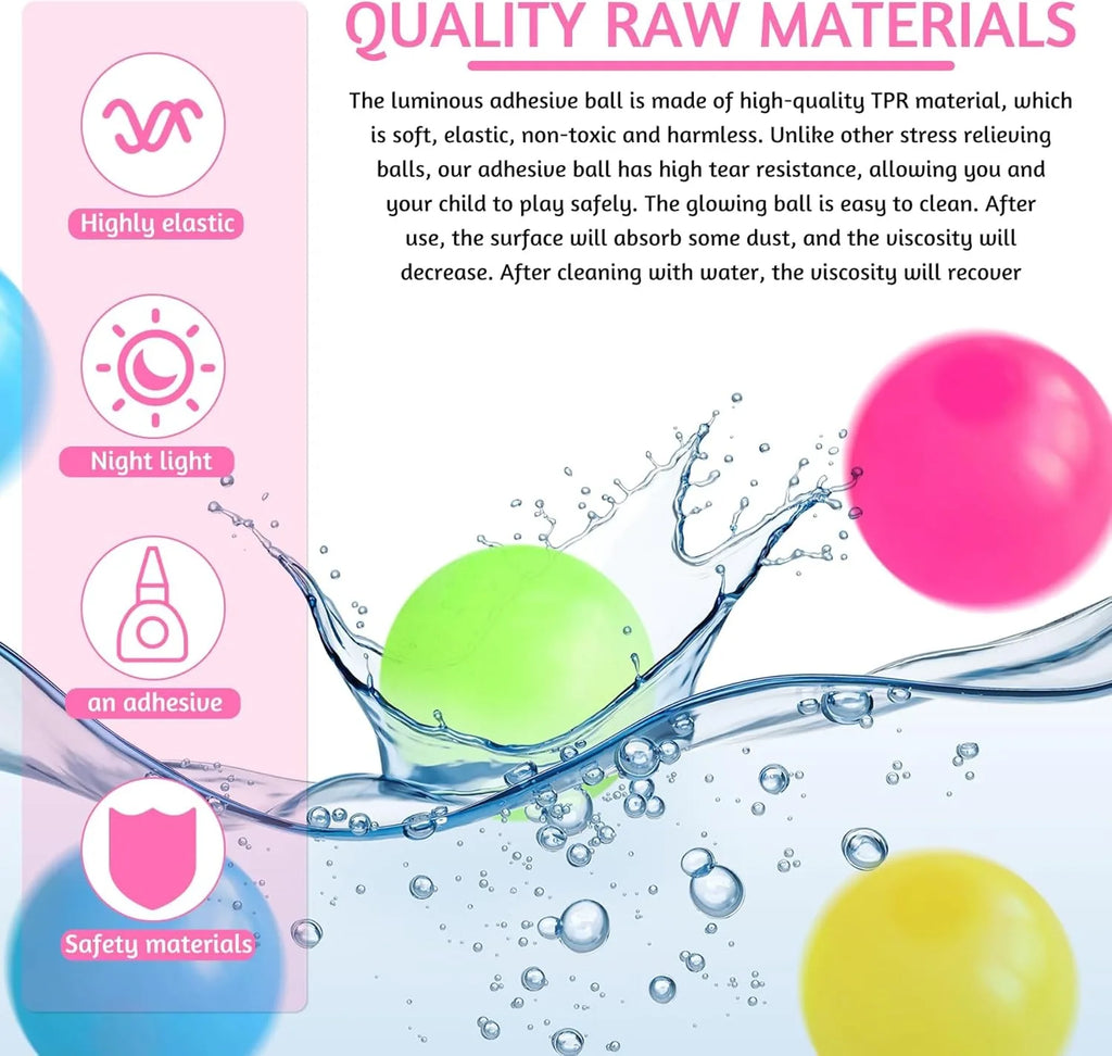 Assorted glow-in-the-dark sticky balls with water splash, pink, green, yellow, and blue