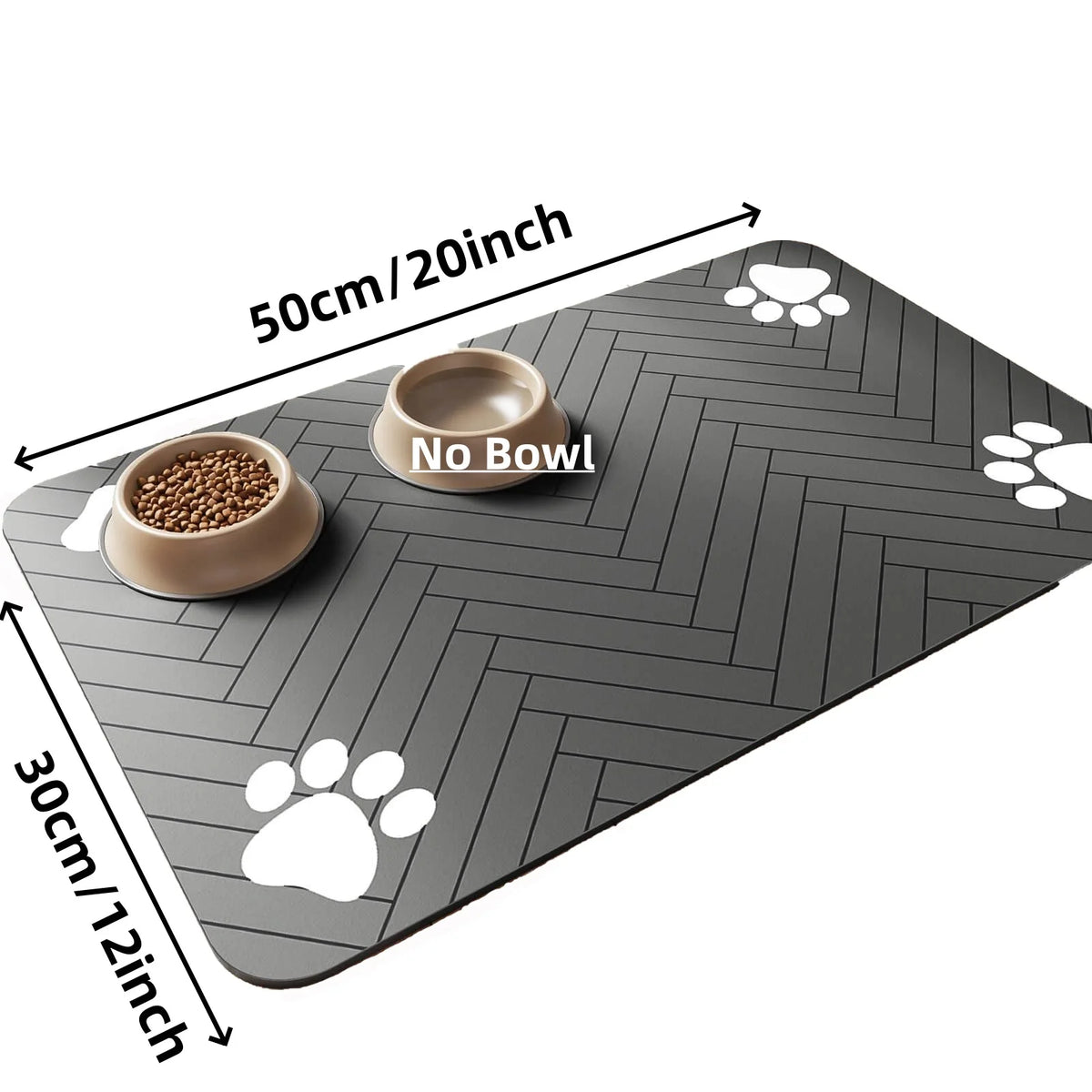Pet feeding mat, gray paw-print design, 50x30cm (20x12in) with no-bowl placement graphic