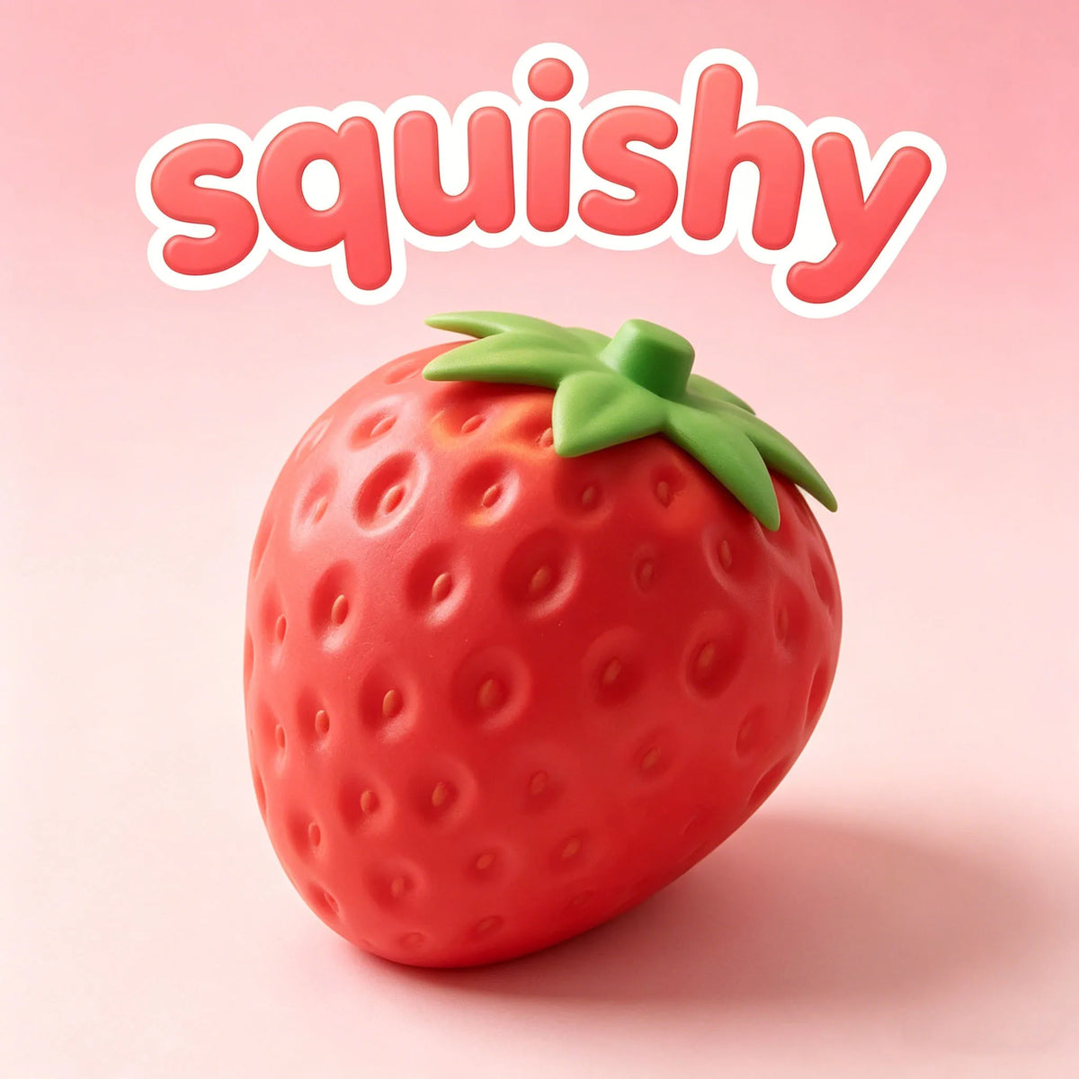 Standalone red strawberry squishy stress toy with green leaf top and bumpy texture.