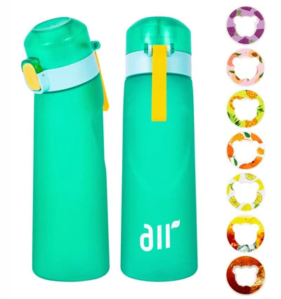 Teal air water bottle with straw and flip-top lid, with colorful flavor pod rings