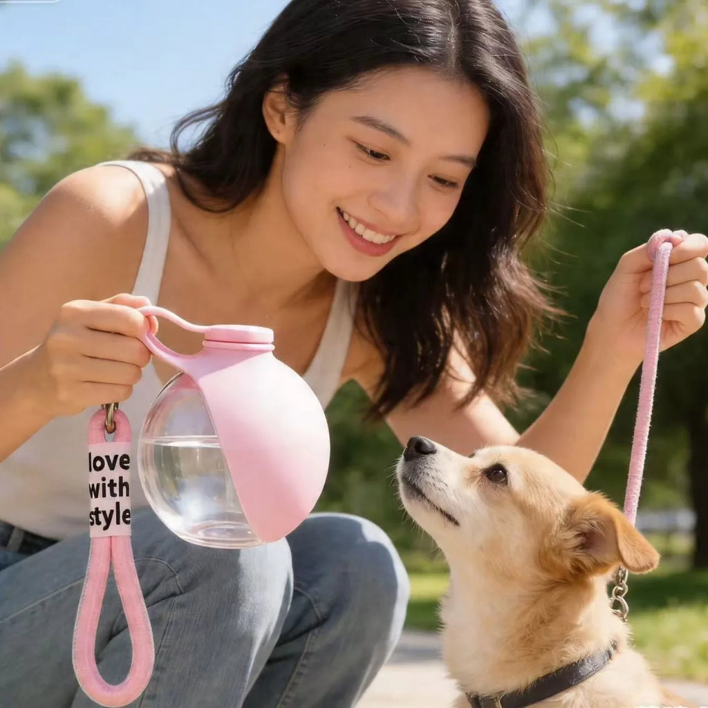 Pink portable pet water bottle with clear chamber and wrist strap clipped for travel