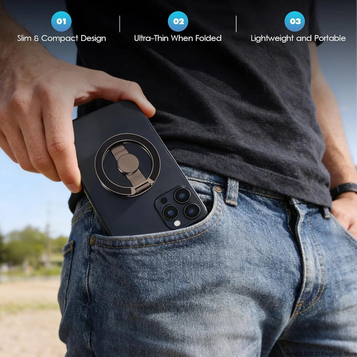 Compact magnetic phone holder with rotating ring base attached to phone