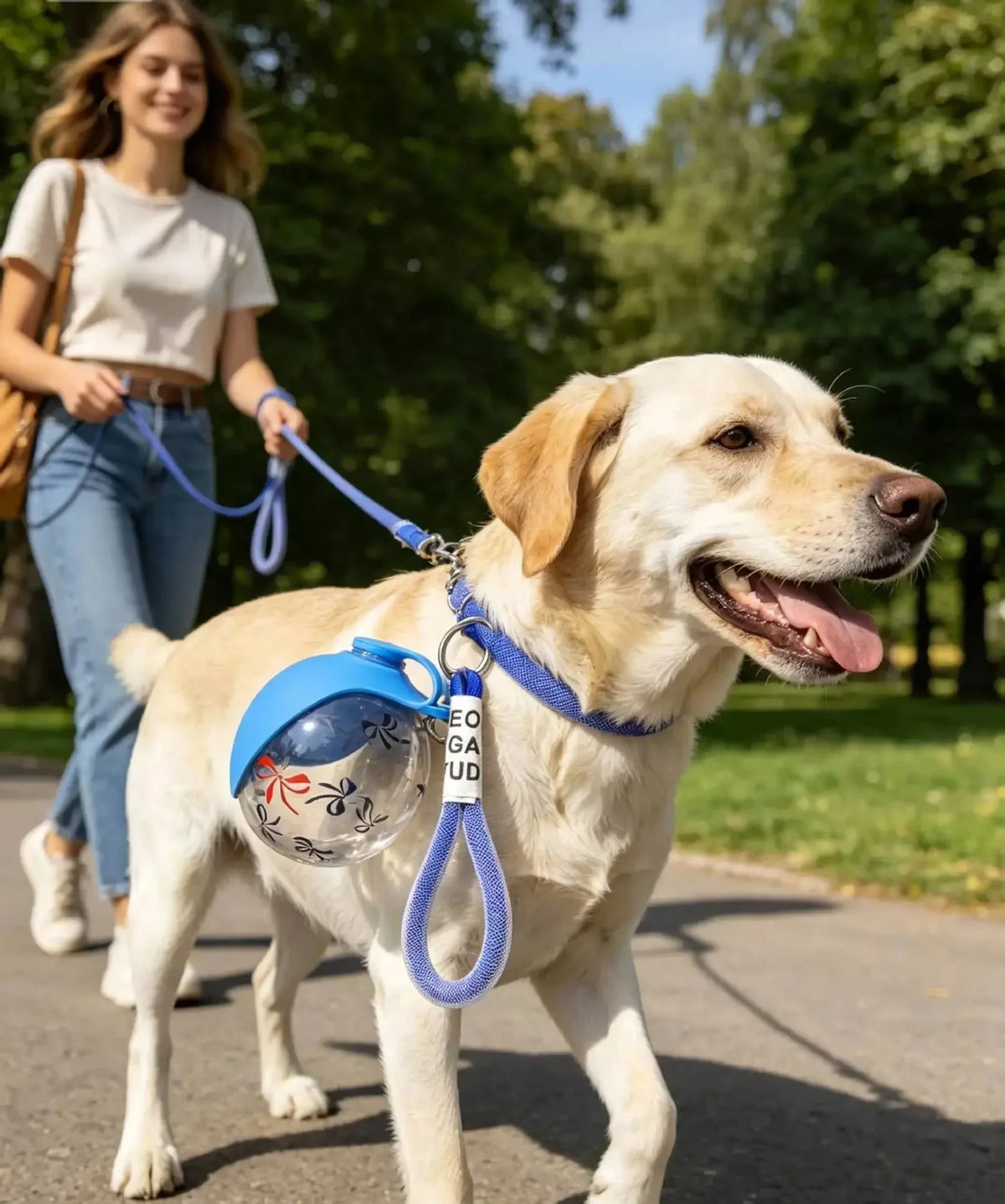 Blue portable pet water bottle with clear chamber and lanyard strap on a walking dog