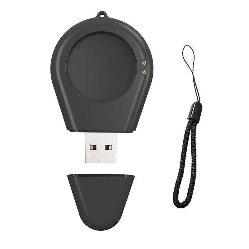Black smartwatch charging dock stand adapter with USB plug and included charging cable
