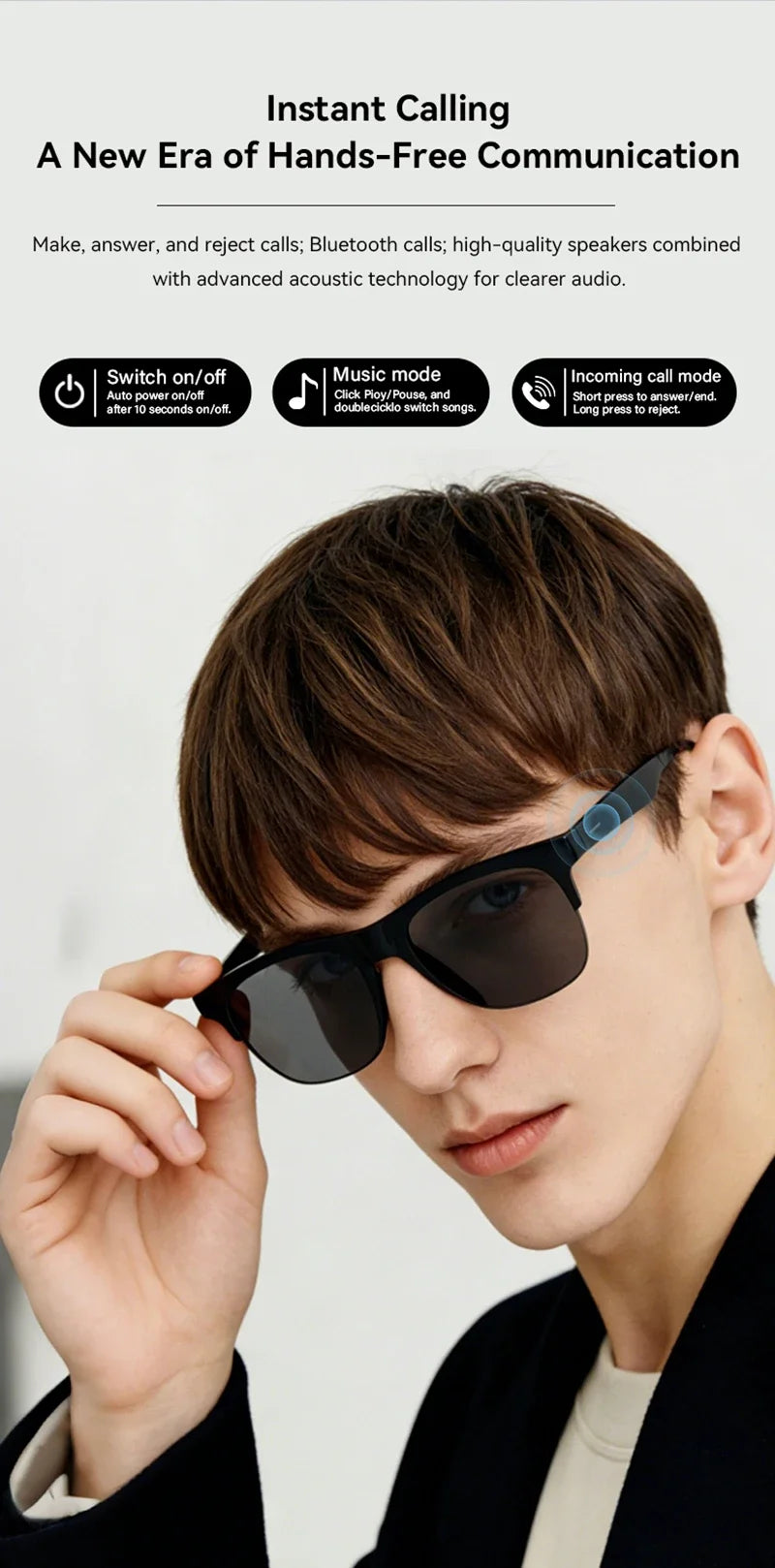 Smart AI sunglasses on a person, black frames with dark lenses for hands-free calls.