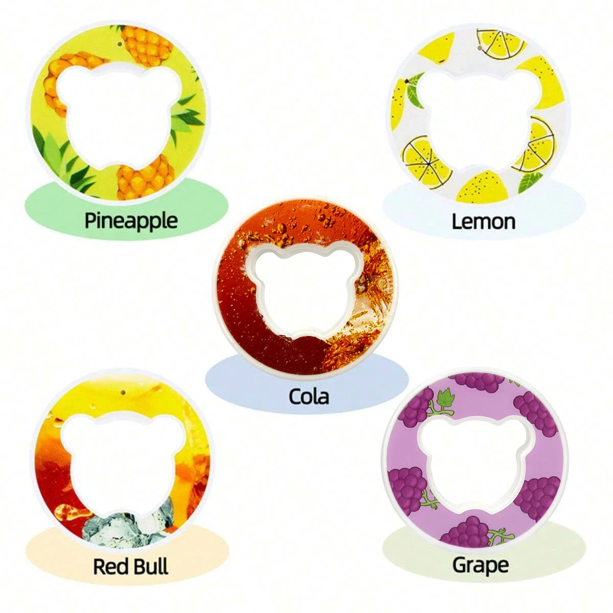 Assorted bear-shaped water bottle flavor pods with Pineapple, Lemon, Cola, Red Bull, Grape