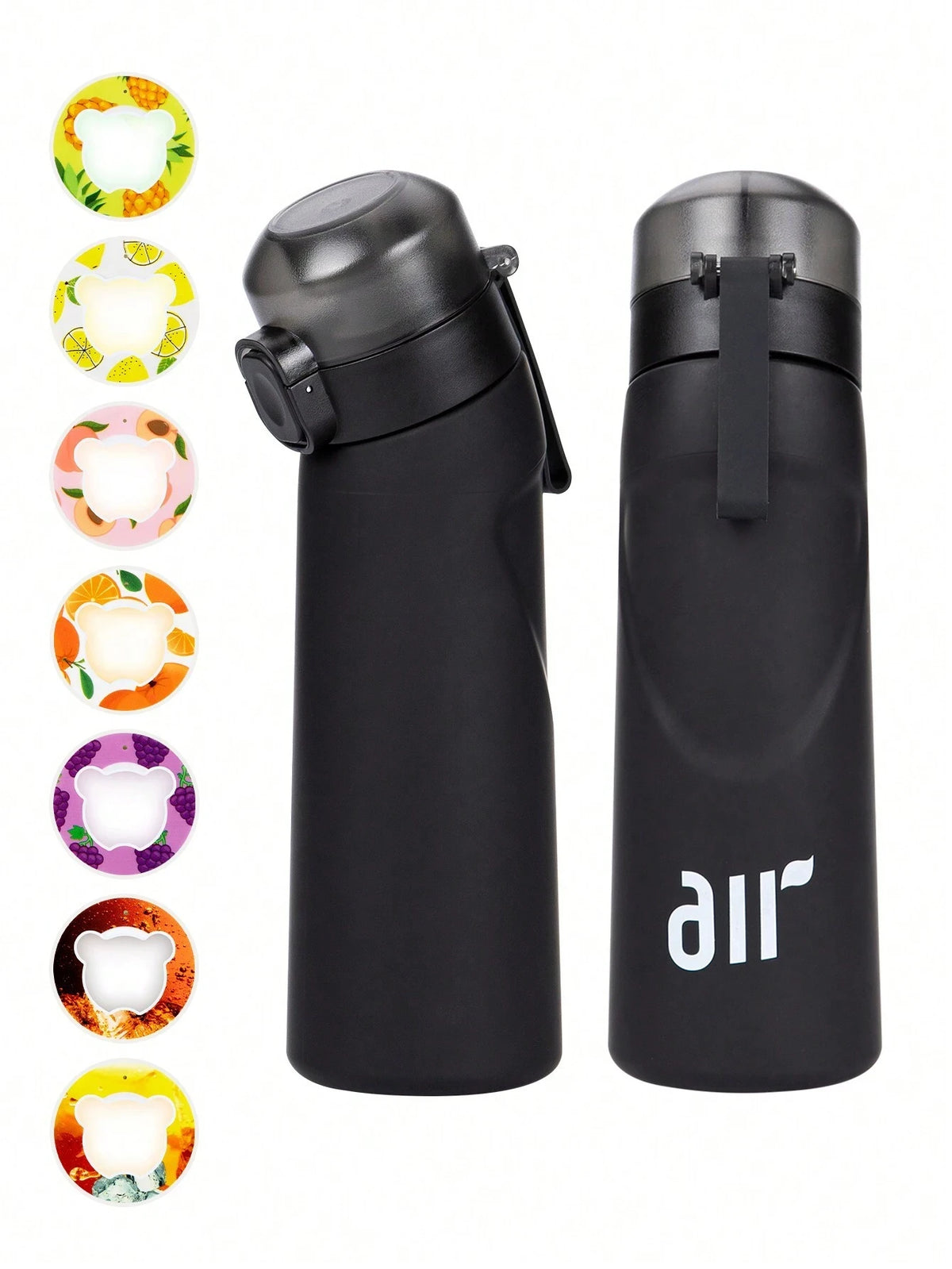 Black portable air water bottle with flip top lid and carry handle