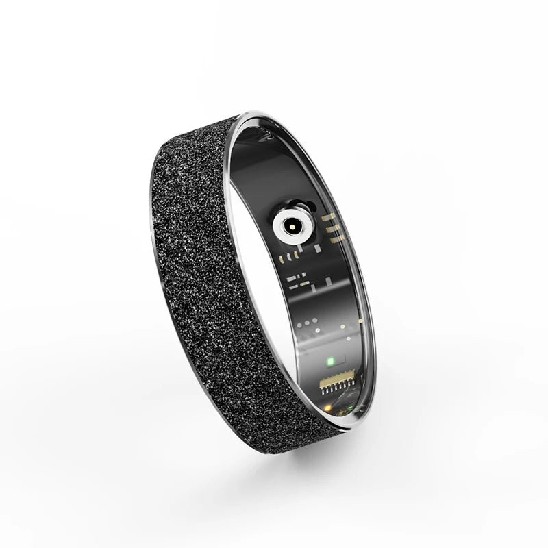 Smart health tracker ring, black matte band with illuminated sensor display on inner face