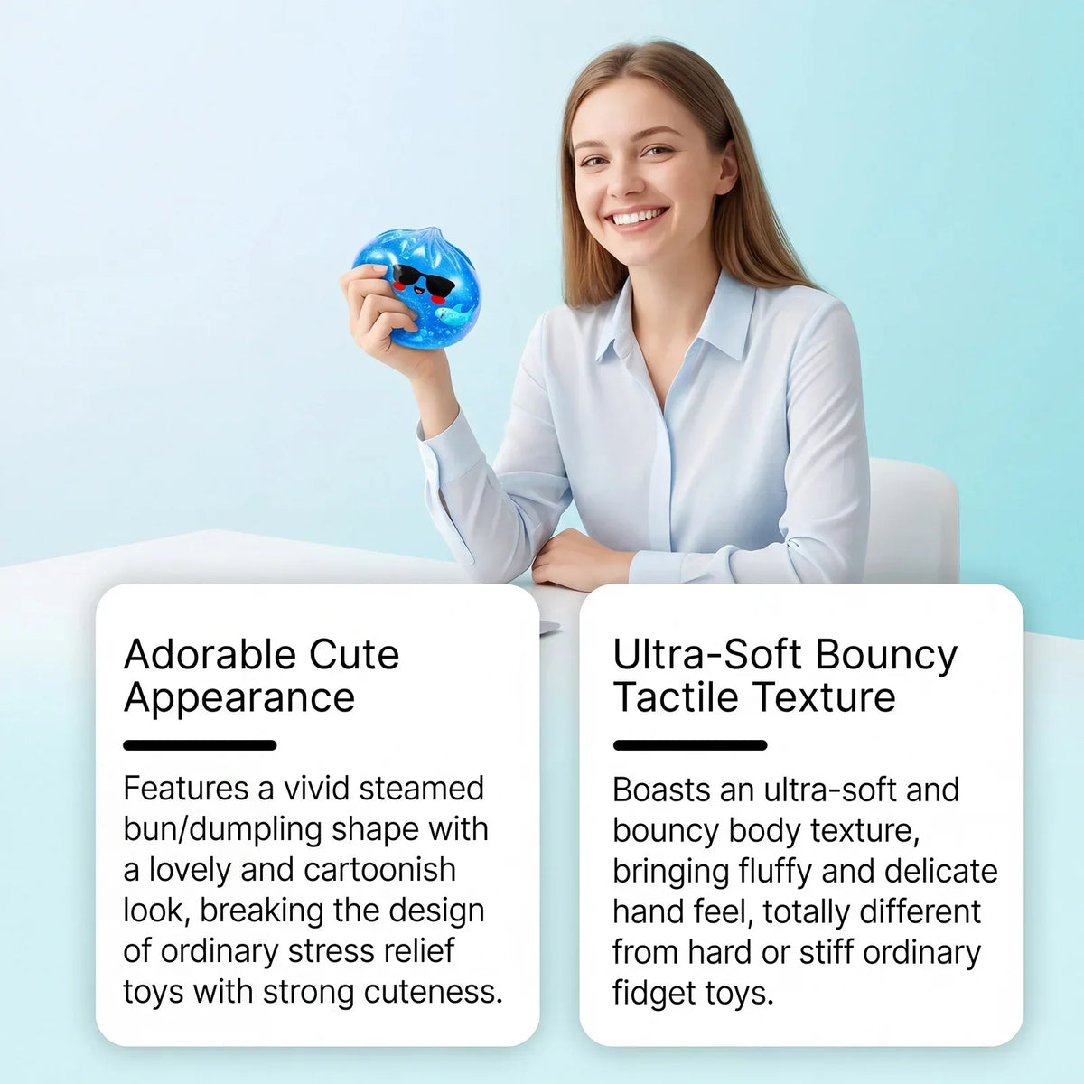Blue glitter steamed-bun fidget toy with cute face, with softness and texture badges