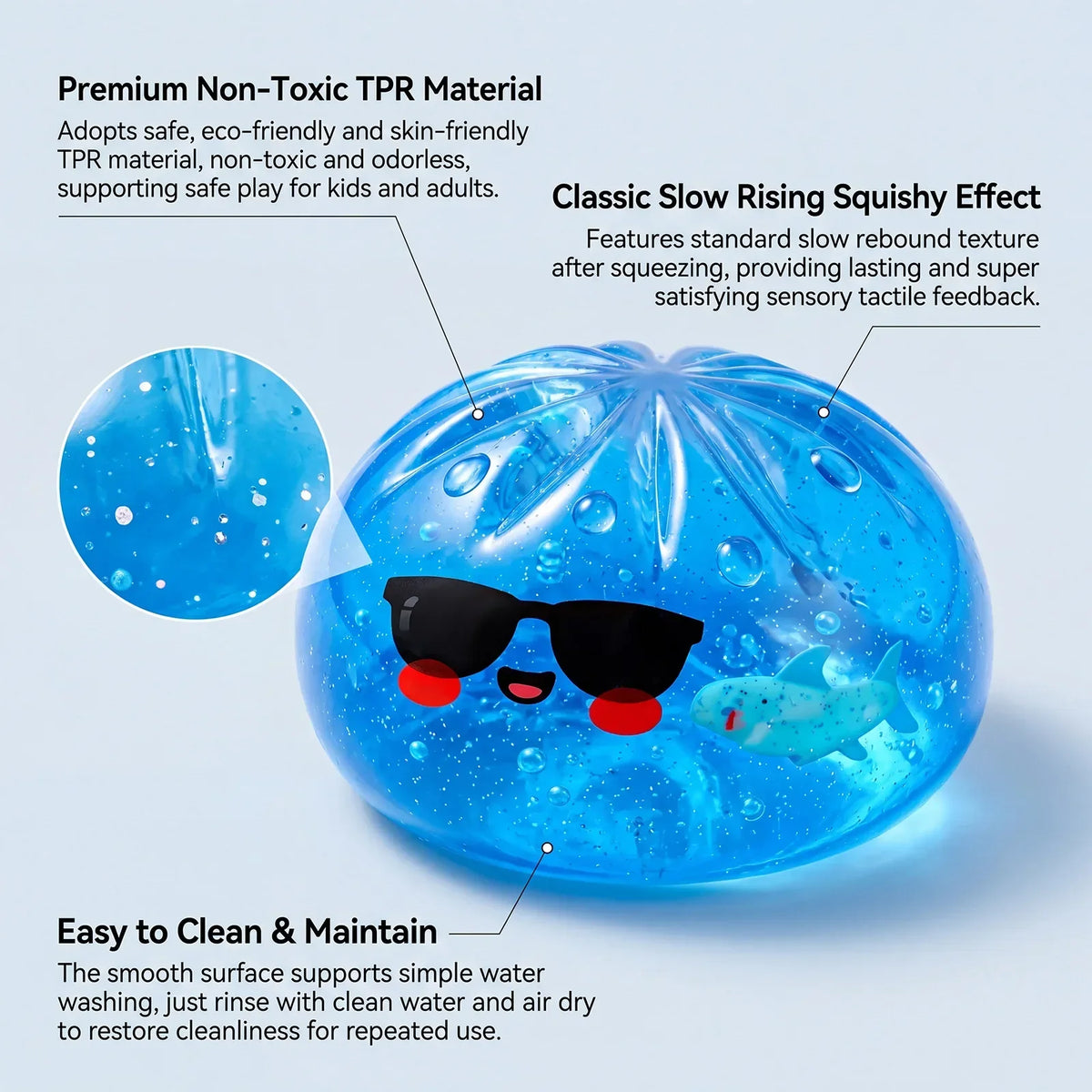 Blue glitter shark dumpling squishy stress ball with face detail