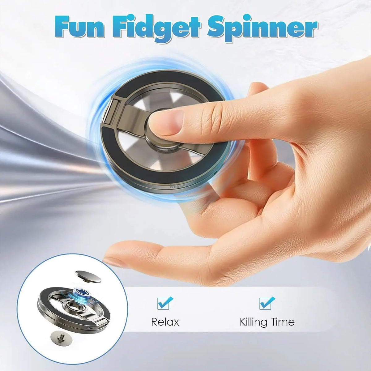 Rotating gyroscope phone holder ring spinning, gray metal stand held by a hand